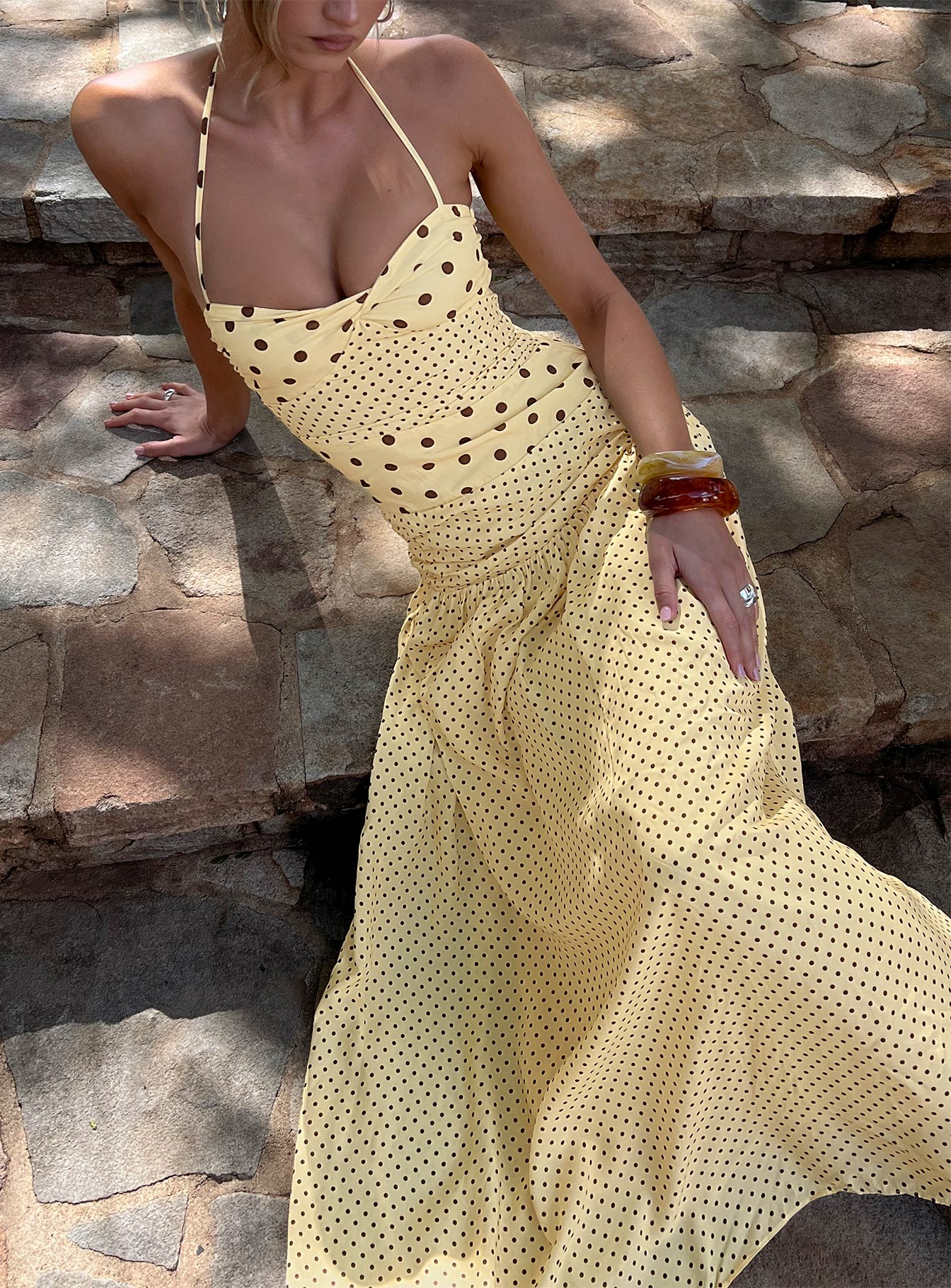 Marguerite Halter Maxi Dress Lemon/Brown Polka Dot – Dress to Impress  Rentals