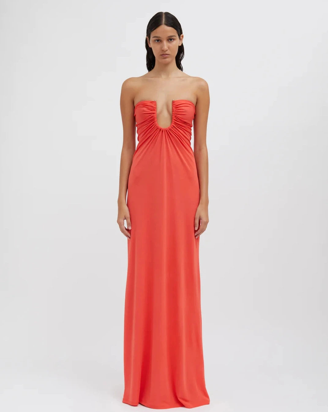 Arced palm strapless dress grapfruit