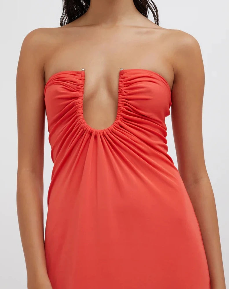 Arced palm strapless dress grapfruit