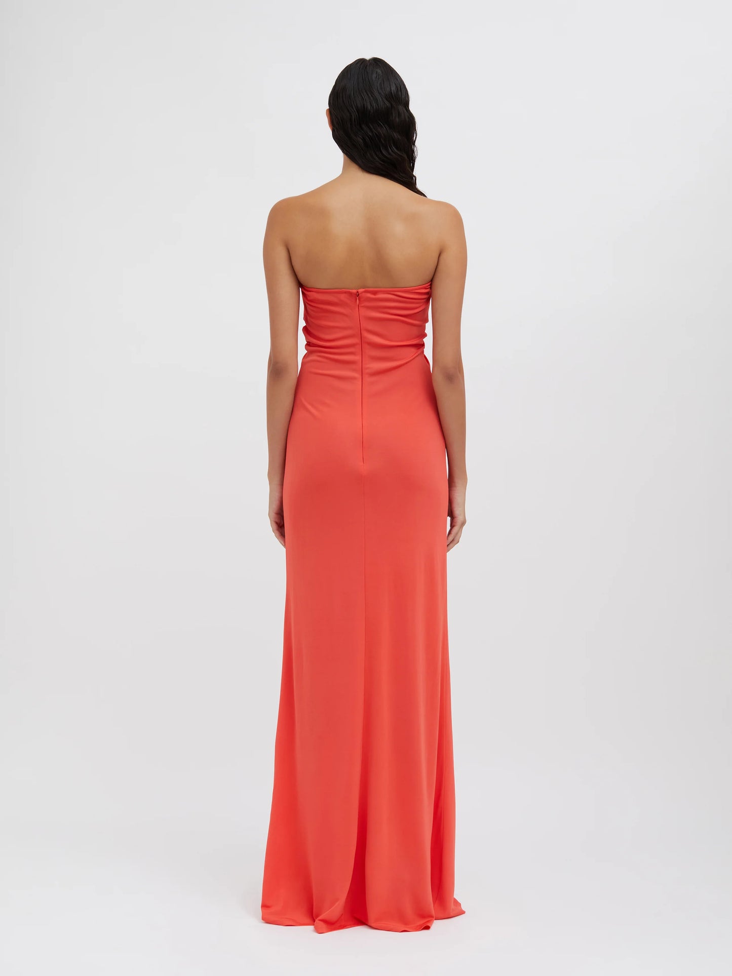 Arced palm strapless dress grapfruit