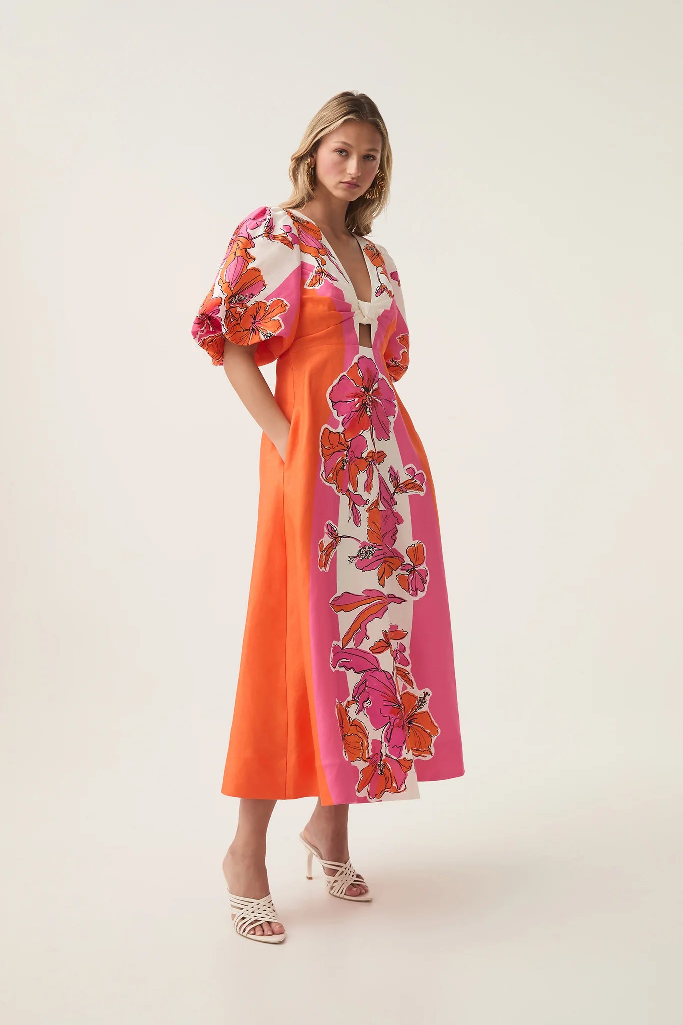 Overflow Knotted Midi Dress Vivid Hibiscus