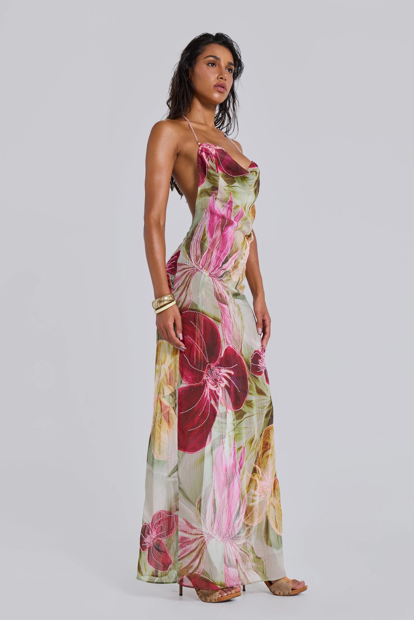 Dahlia Hand-Beaded Backless Chiffon maxi dress