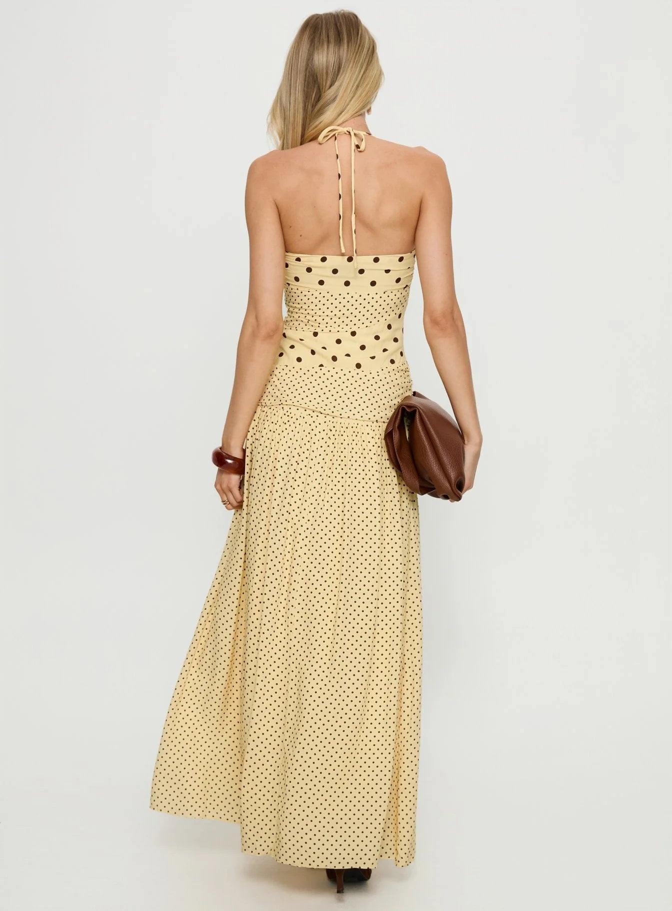 Marguerite Halter Maxi Dress Lemon/Brown Polka Dot