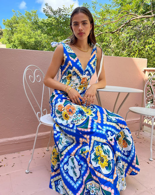 Adoncia Tie Shoulder Maxi Dress In Azure Floral