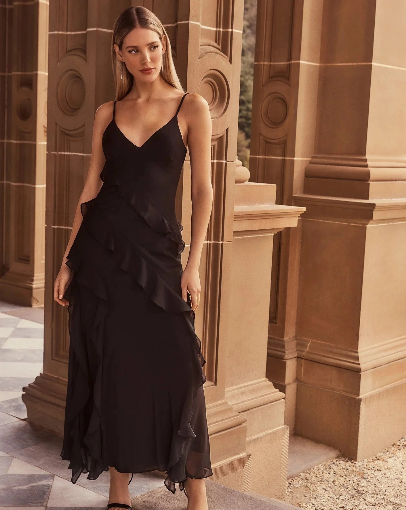 forever 21 black chiffon dress Smocked Chiffon Peasant-Sleeve Dress