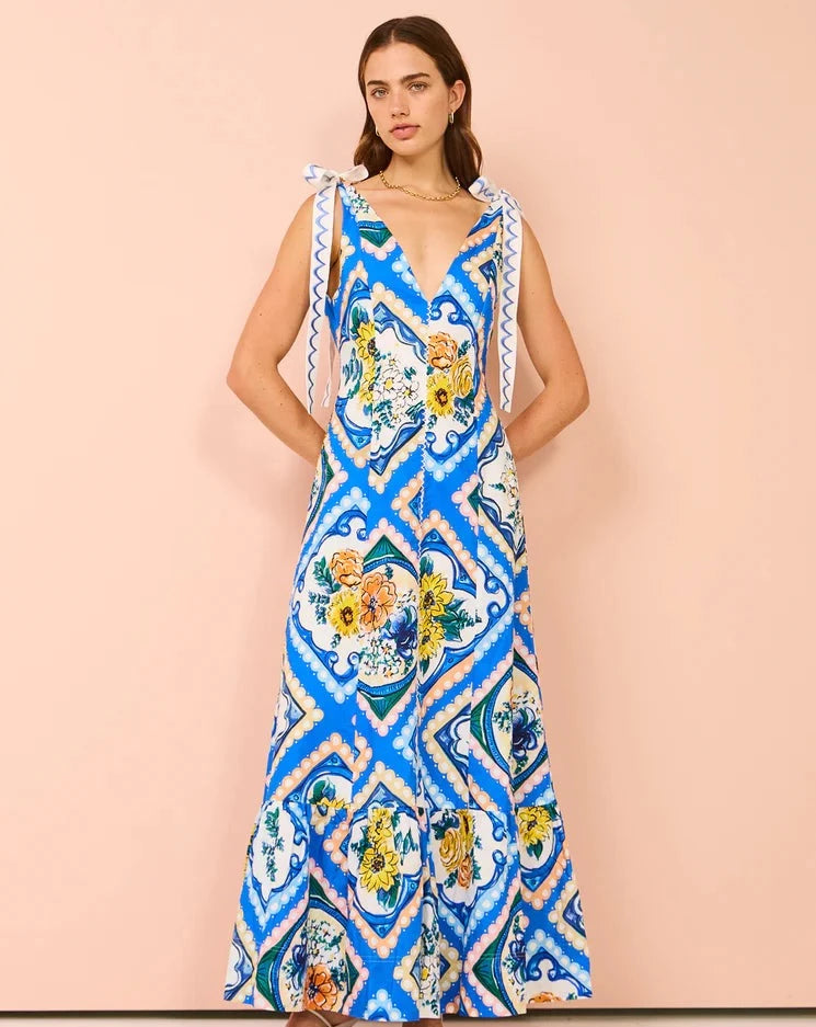 Adoncia Tie Shoulder Maxi Dress In Azure Floral