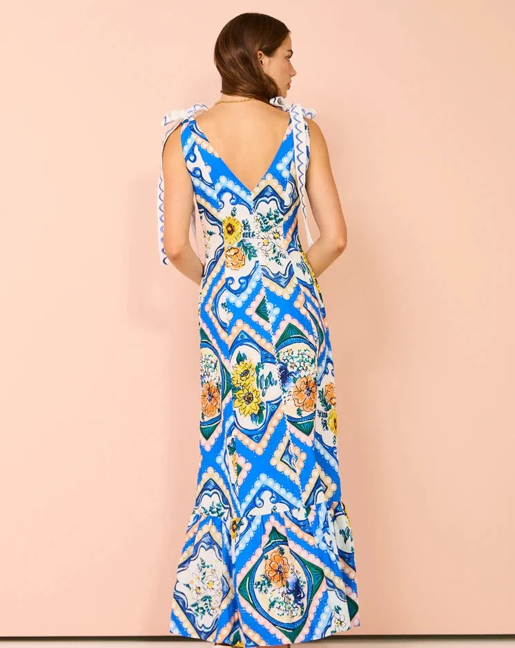 Adoncia Tie Shoulder Maxi Dress In Azure Floral