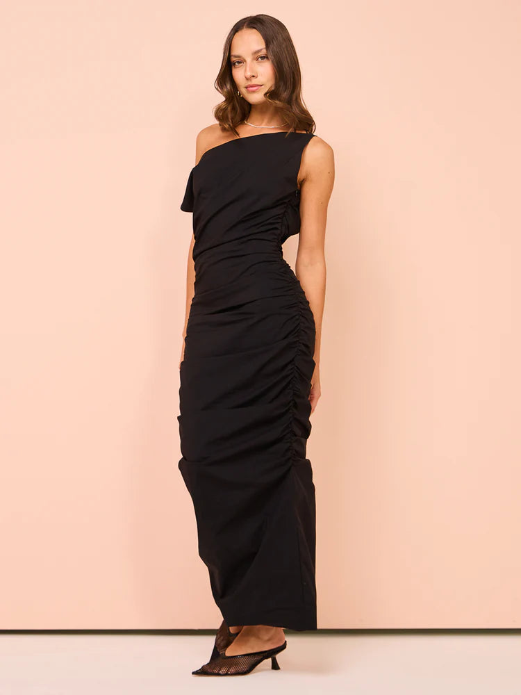 One shoulder midi dress in black