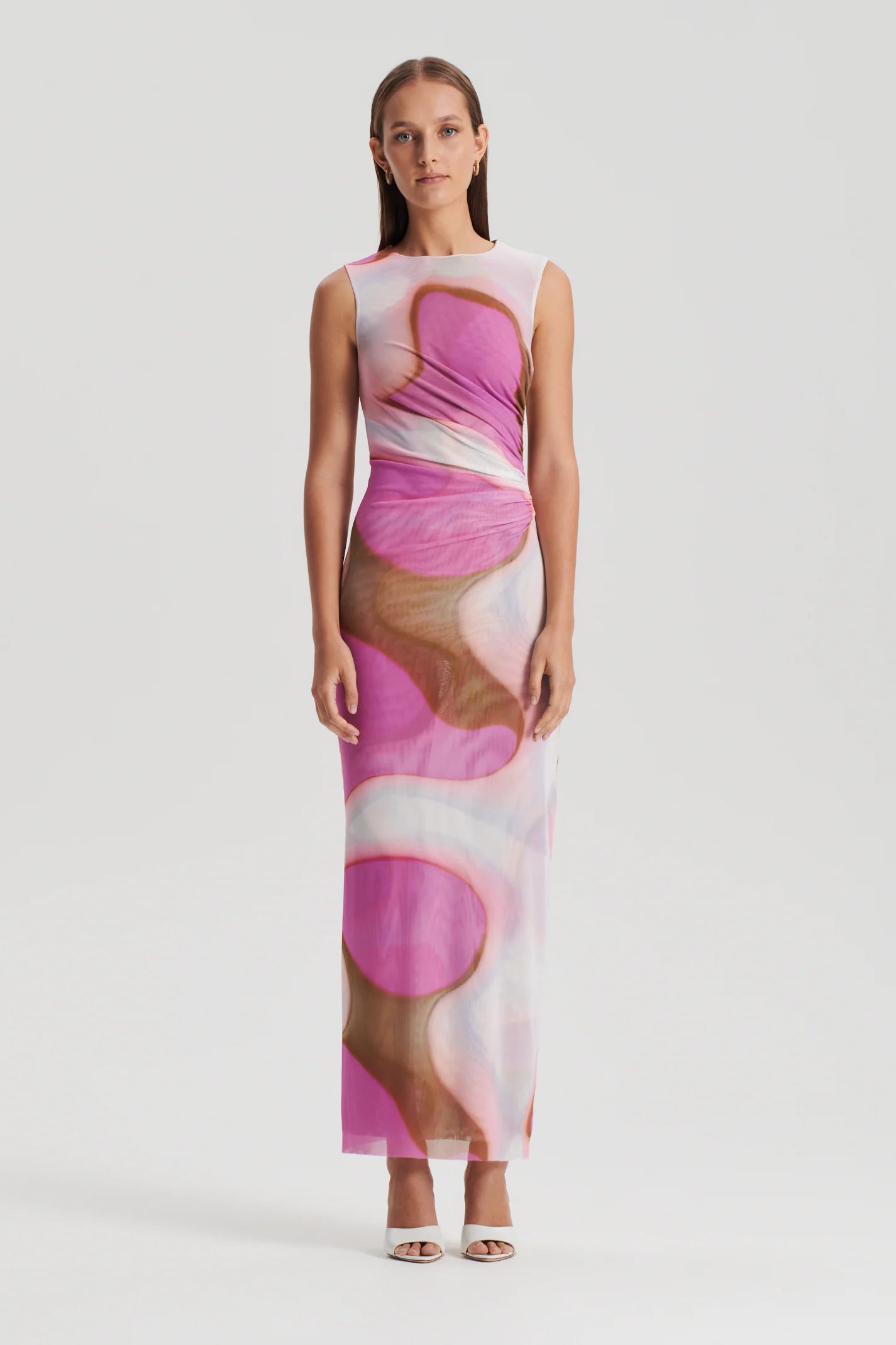 Italian watercolour print dress tan