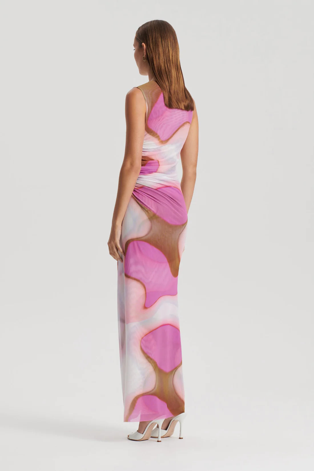 Italian watercolour print dress tan