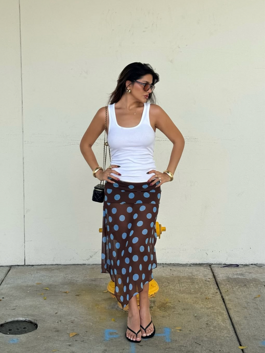 Polka dot asymmetric skirt brown/blue