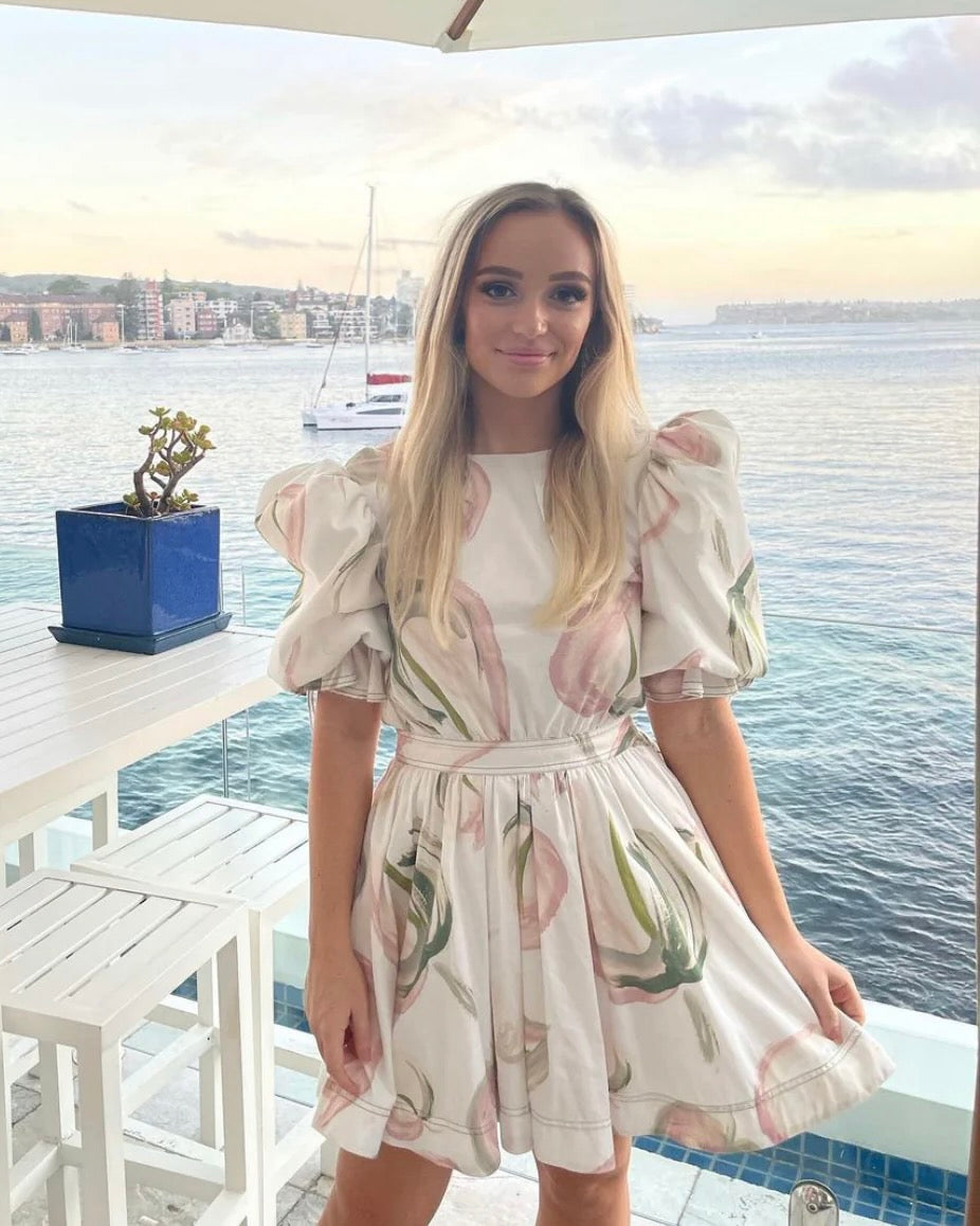 Imprint mini dress in painterly lace leaf