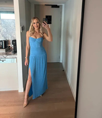 Double time pleat dress cerulean blue