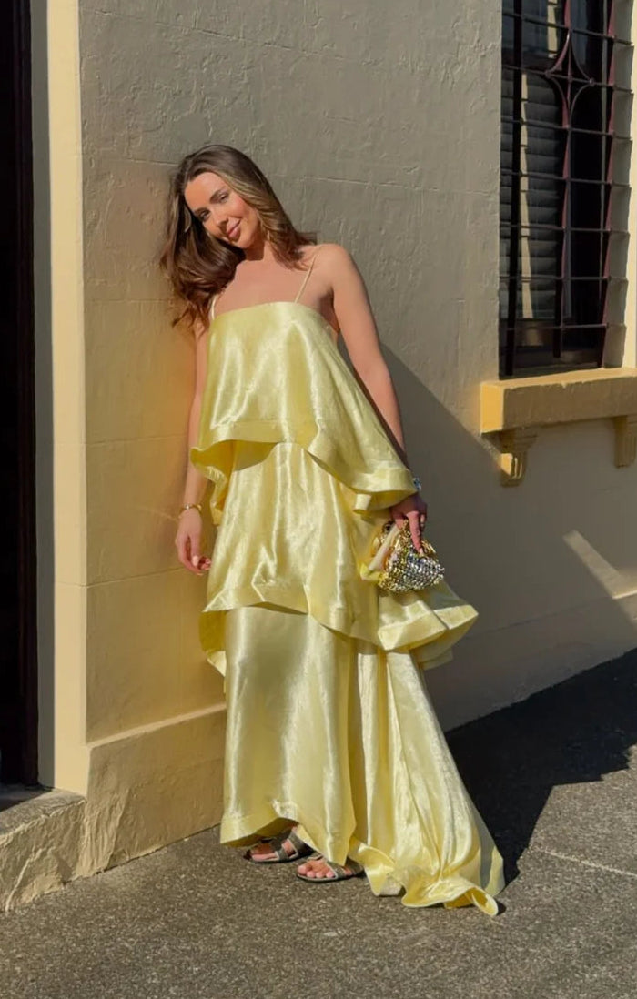 knee length dresses for ladies Tilly Tiered Maxi Dress in Butter Yellow