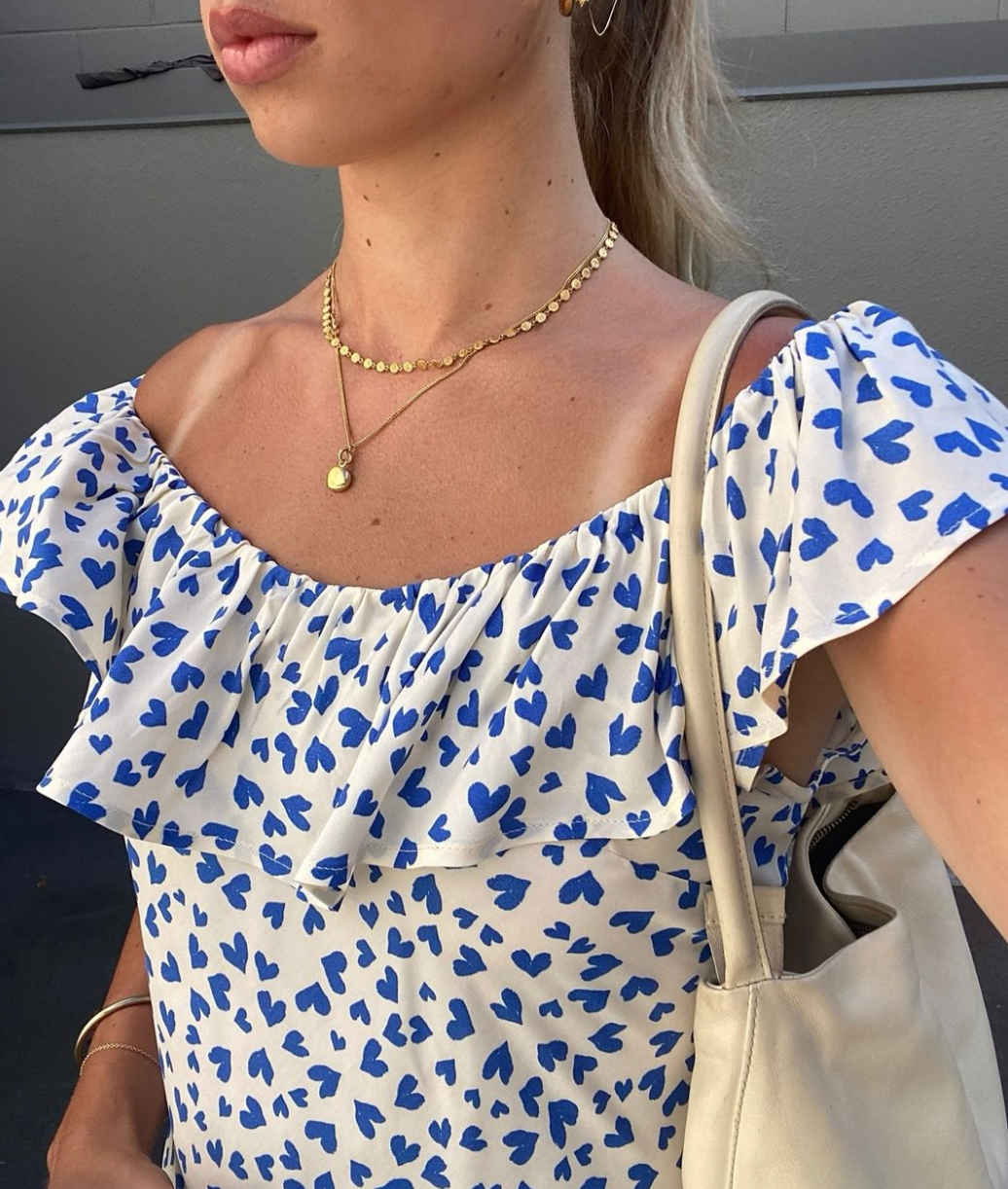 Hazel ruffle dress blue scatter hearts