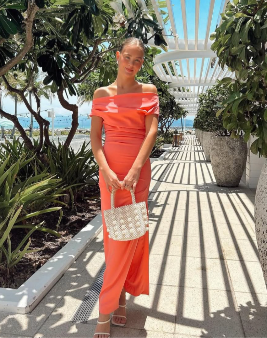 Alexis Off Shoulder Gown in Watermelon