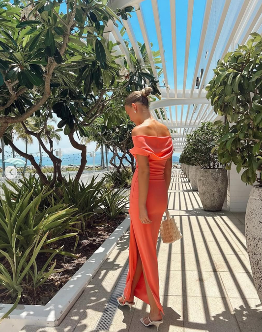 Alexis Off Shoulder Gown in Watermelon