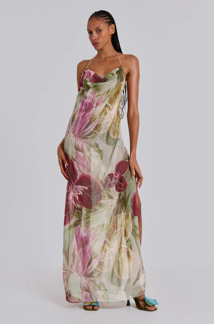 Dahlia Hand-Beaded Backless Chiffon maxi dress