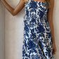Diana shirred tiered midi dress in indigo/ivory