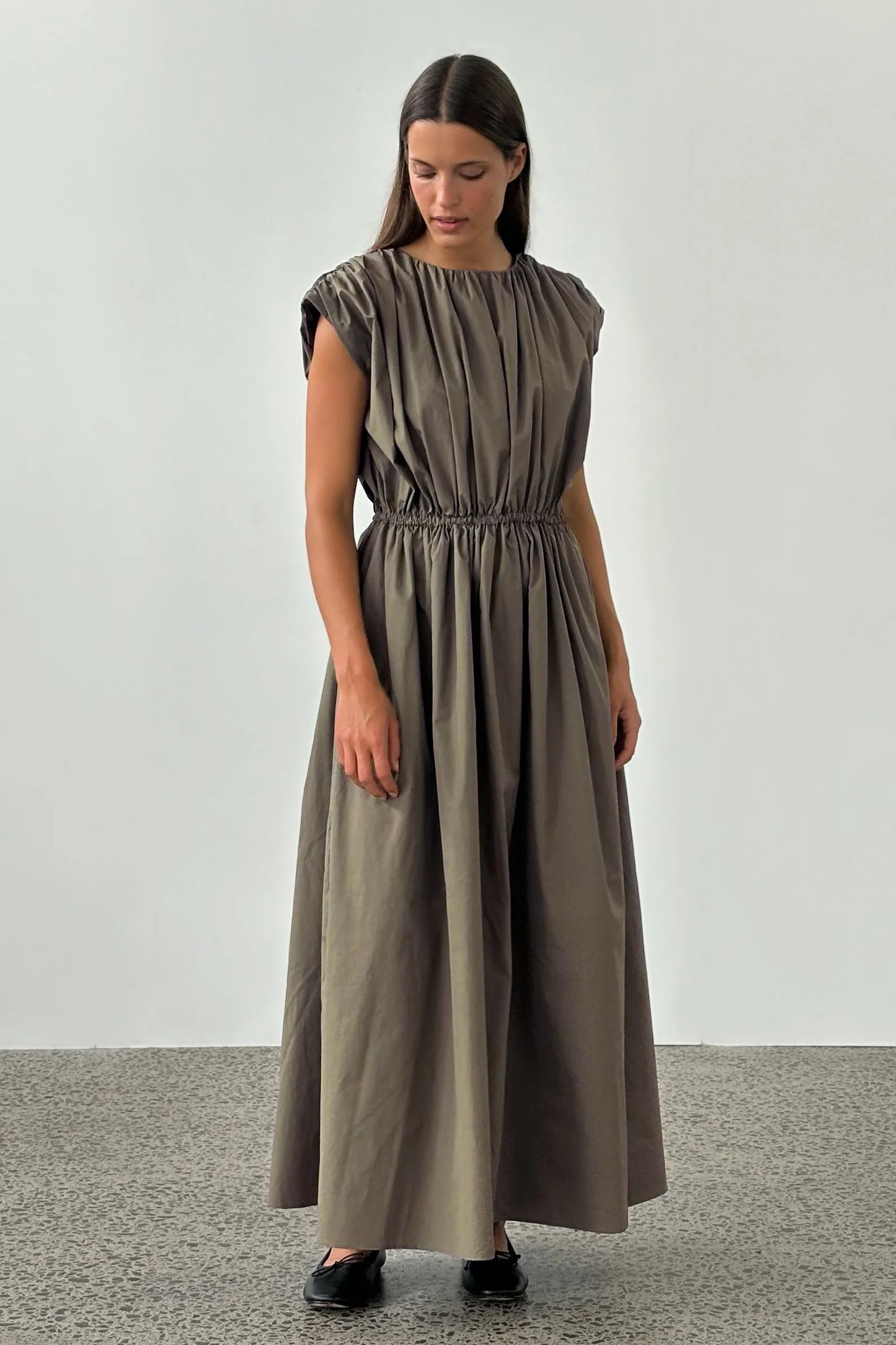Vienna gathered dress in khaki
