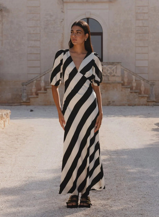 Amora black white stripe bias midi dress