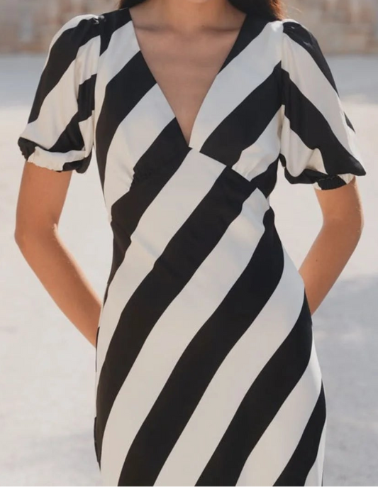 Amora black white stripe bias midi dress