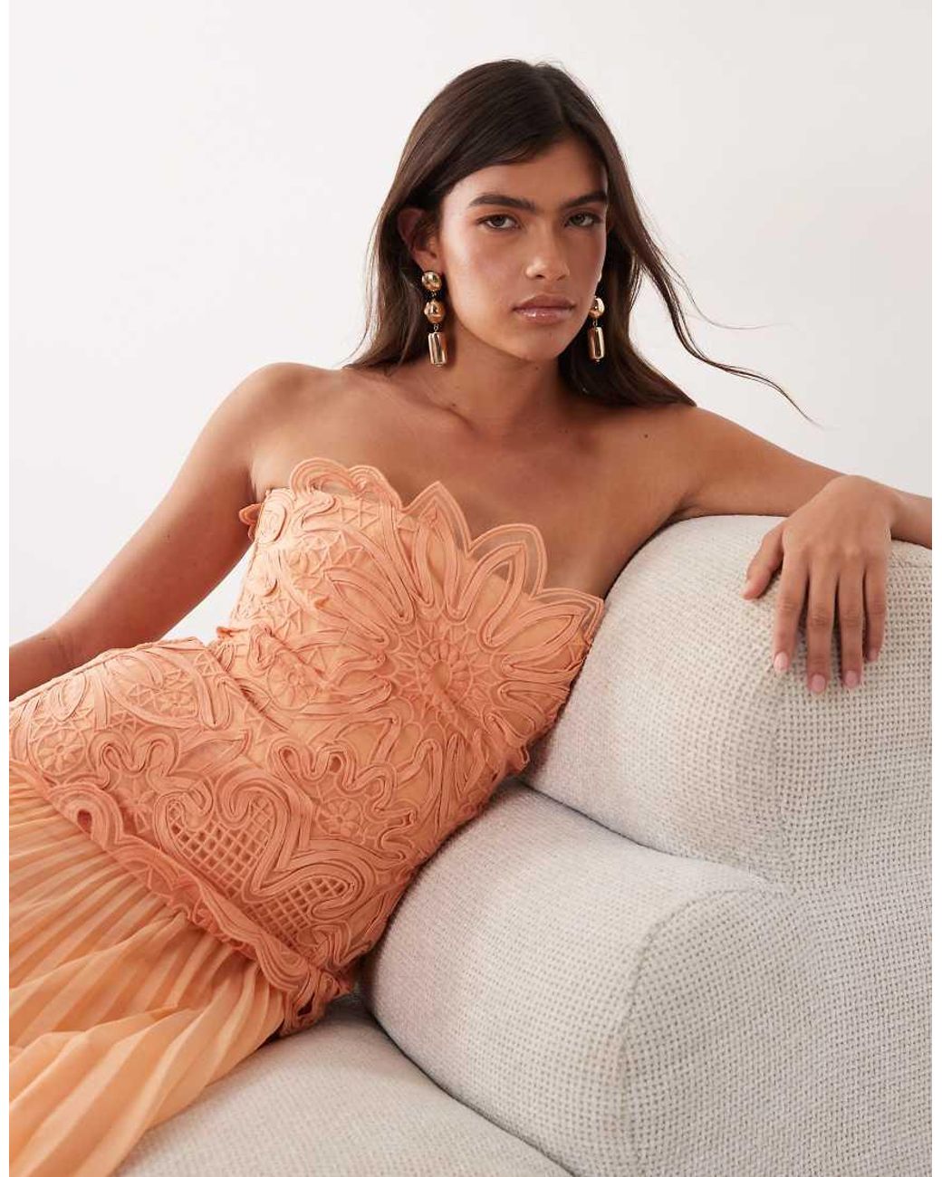 Abstract Cutwork Bandeau Maxi Dress Orange