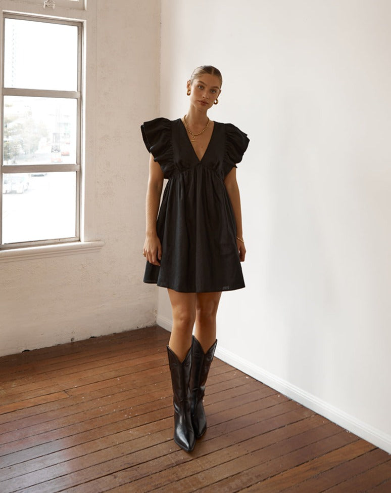 Bonnie frill linen mini dress black