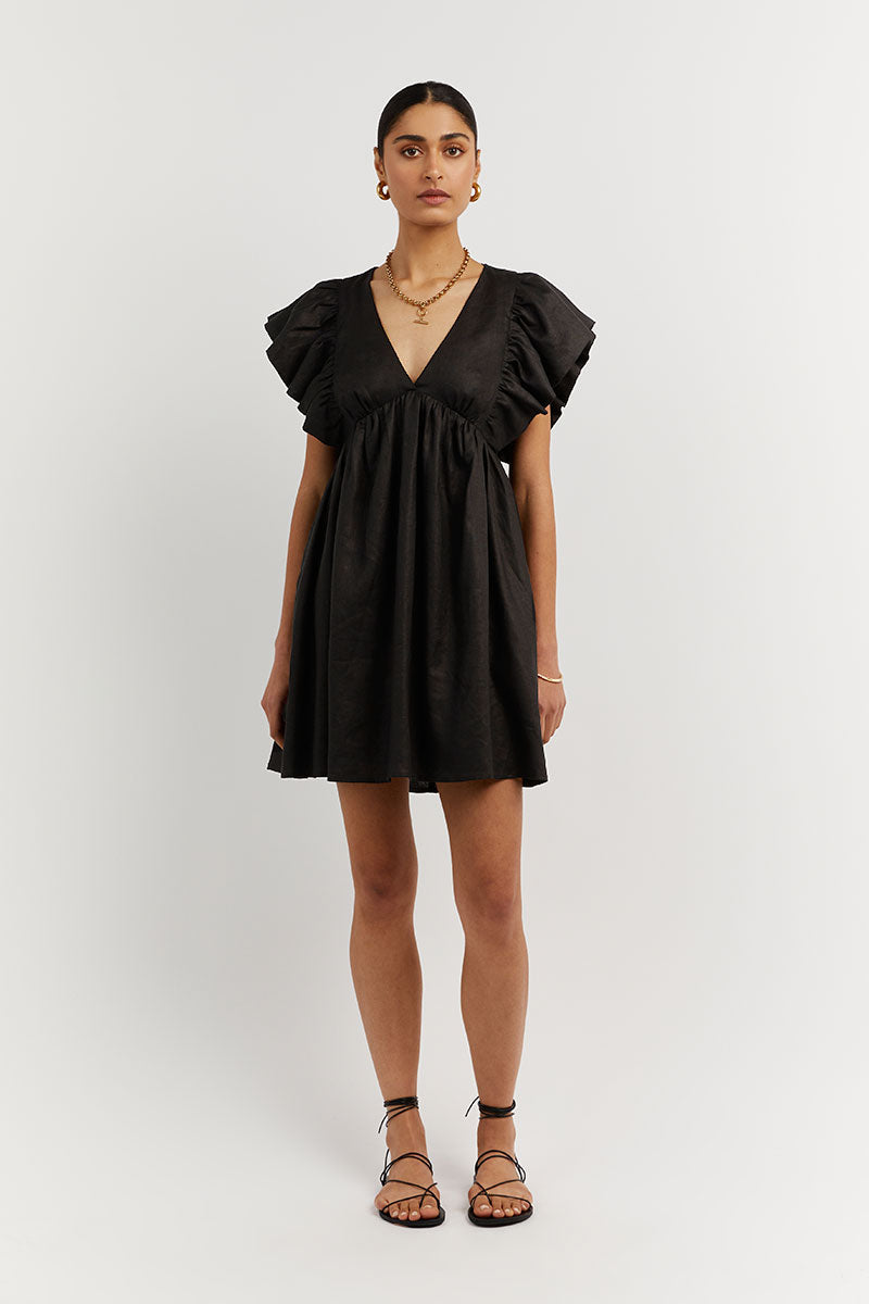 Bonnie frill linen mini dress black