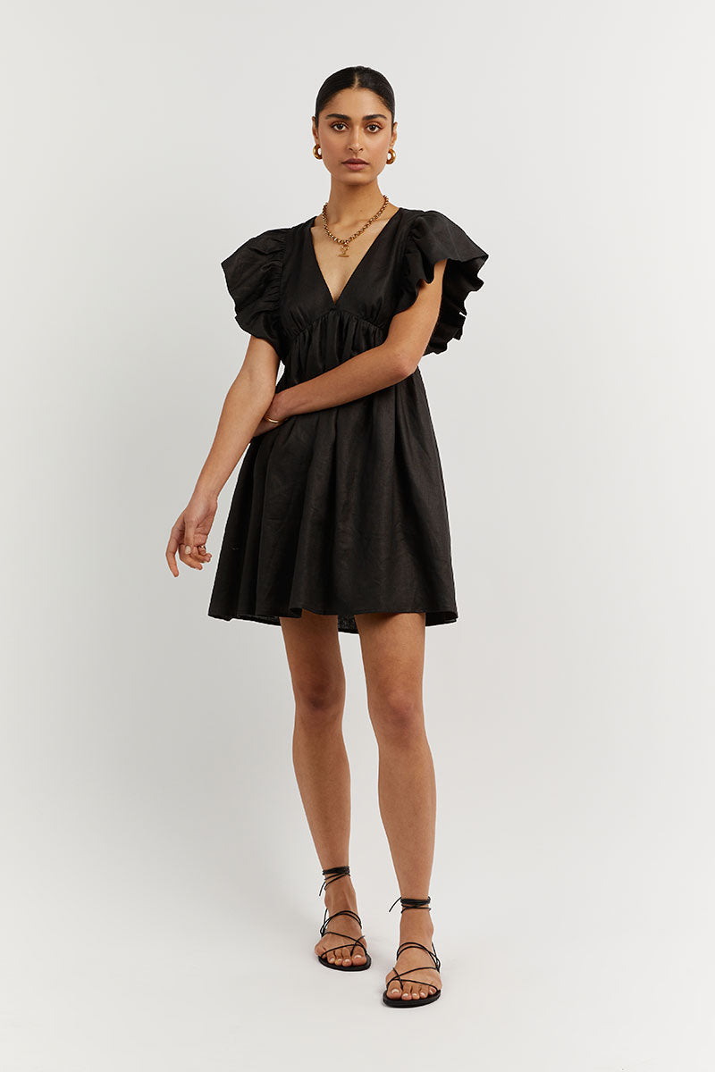 Bonnie frill linen mini dress black