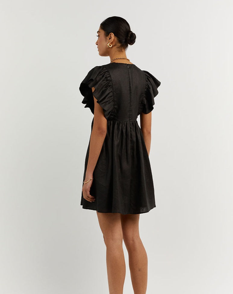 Bonnie frill linen mini dress black
