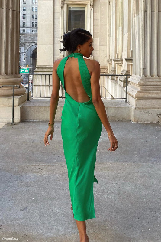 Claire Satin Drape Back Maxi Dress Green