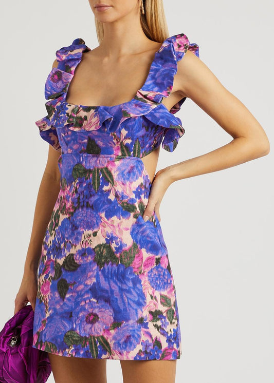 High tide floral print linen mini dress