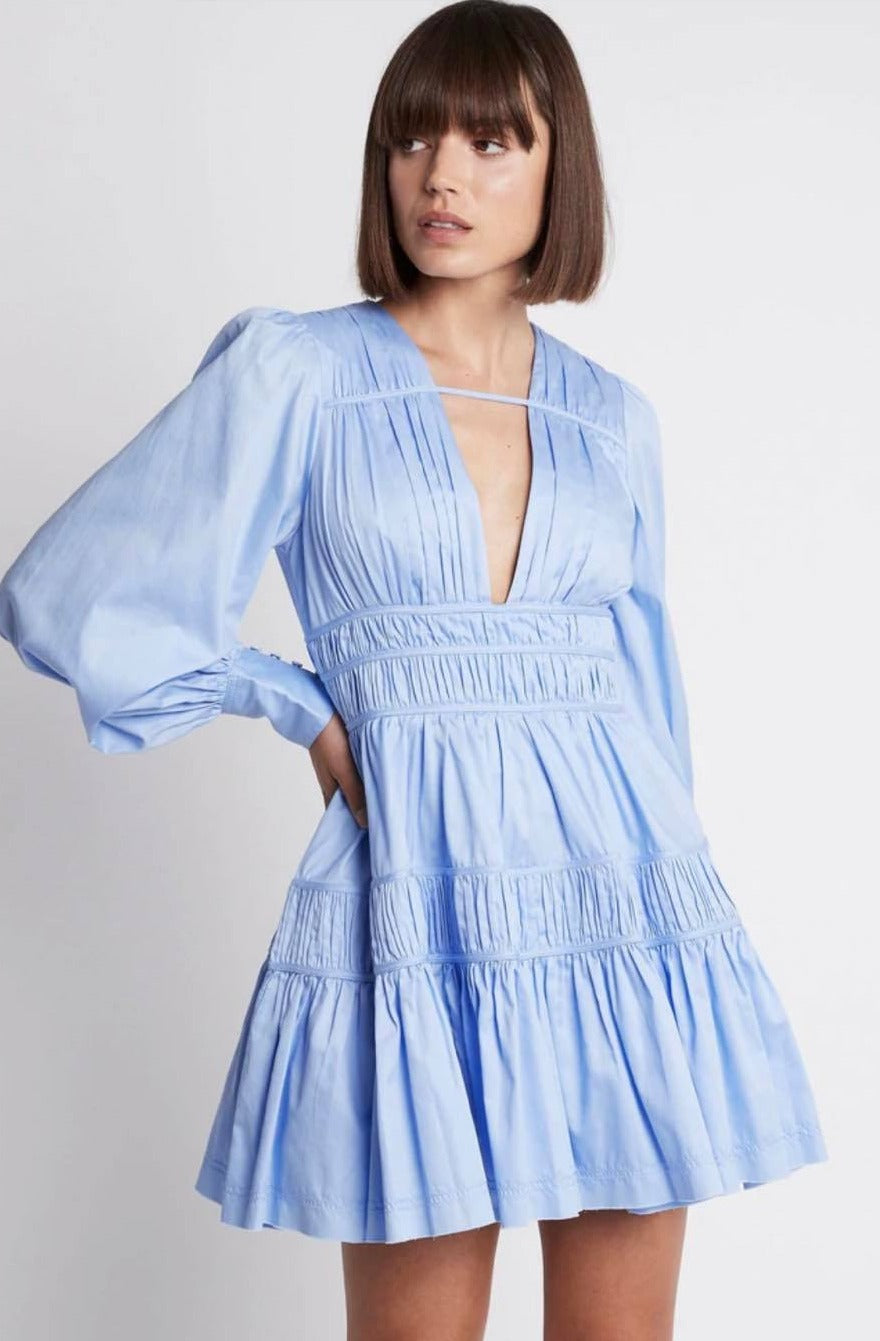Fallingwater gather mini dress in powder blue