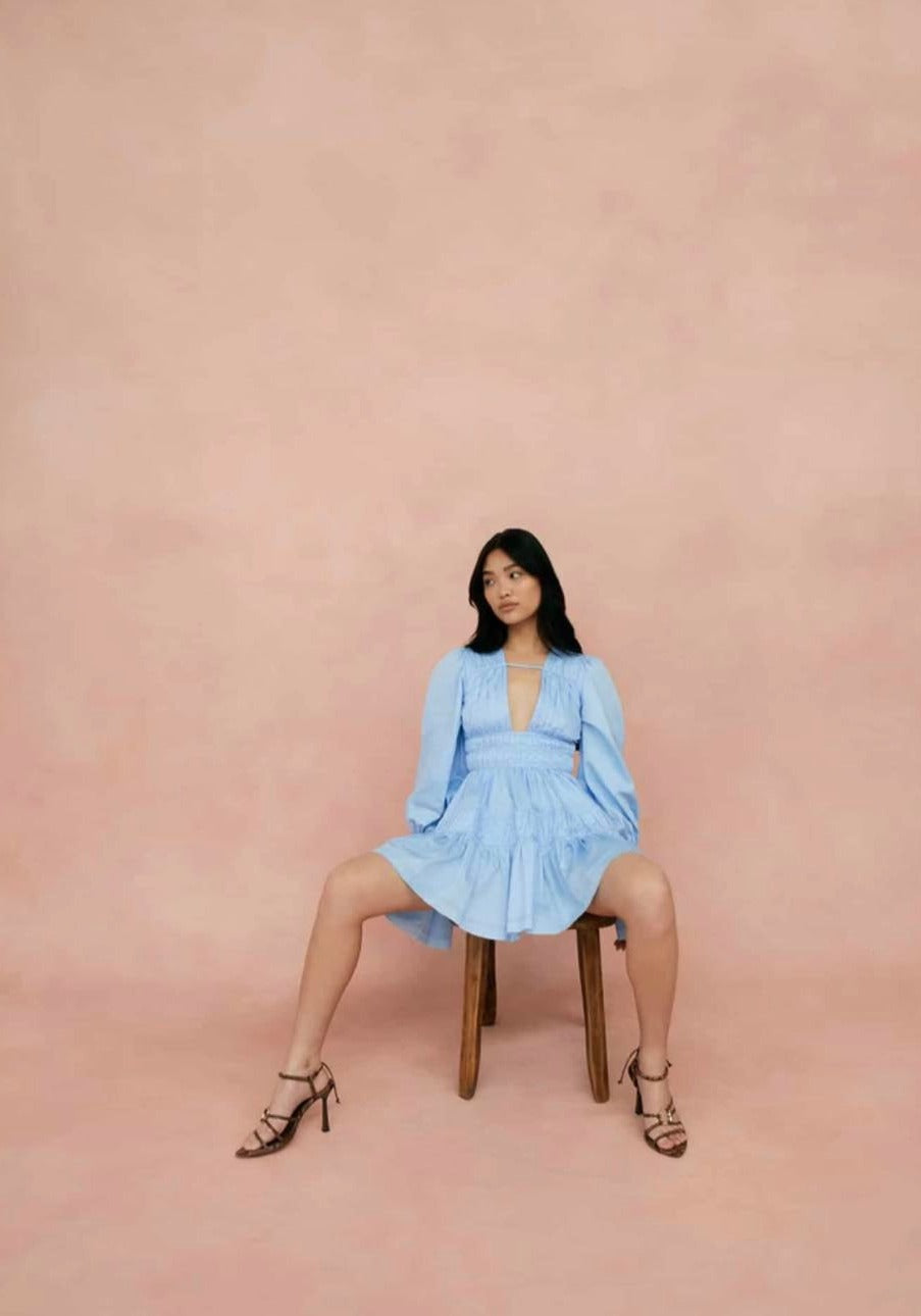 Fallingwater gather mini dress in powder blue