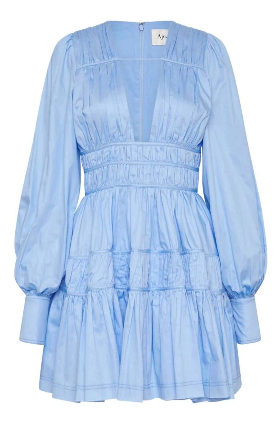 Fallingwater gather mini dress in powder blue