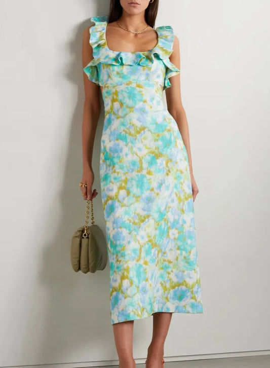 High tide frilled midi aqua ikat floral