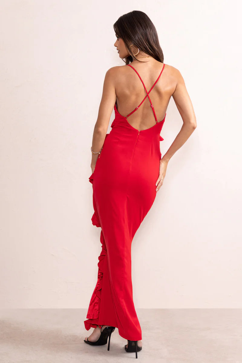 Run the world red plunge neckline ruffle maxi dress