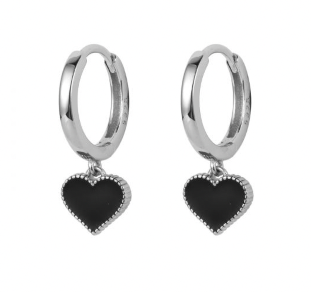 CLASSIC | Babydoll black mini heart earrings - Silver