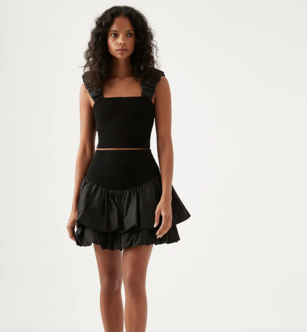 Allard ruched strap knit top & turner bubble skirt set