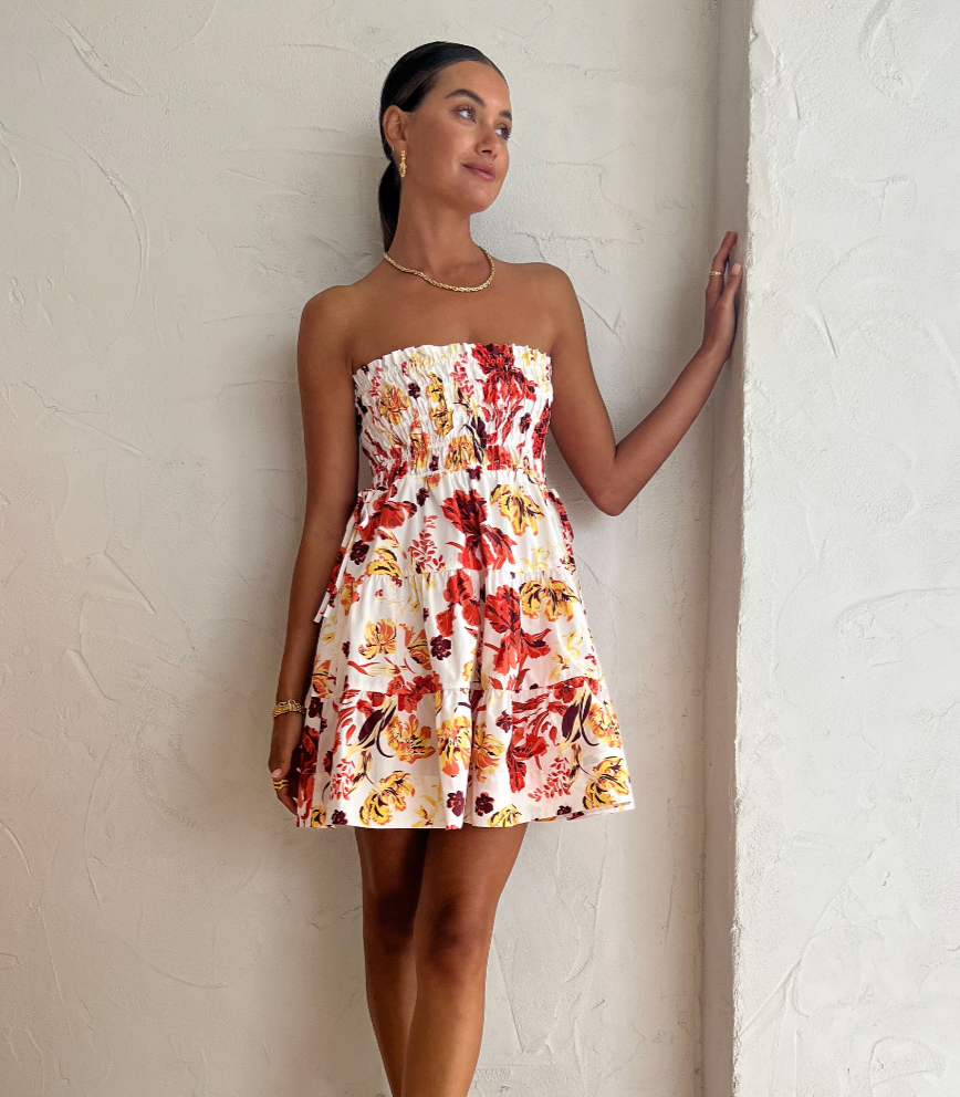 Kalani shirred strapless mini dress in coconut/multi