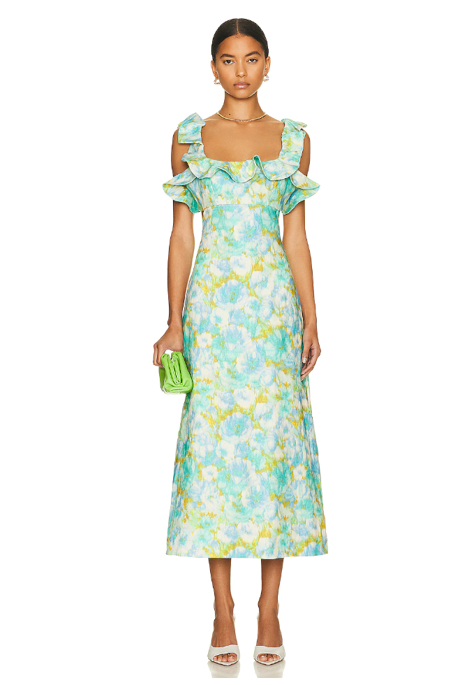 High tide frilled midi aqua ikat floral