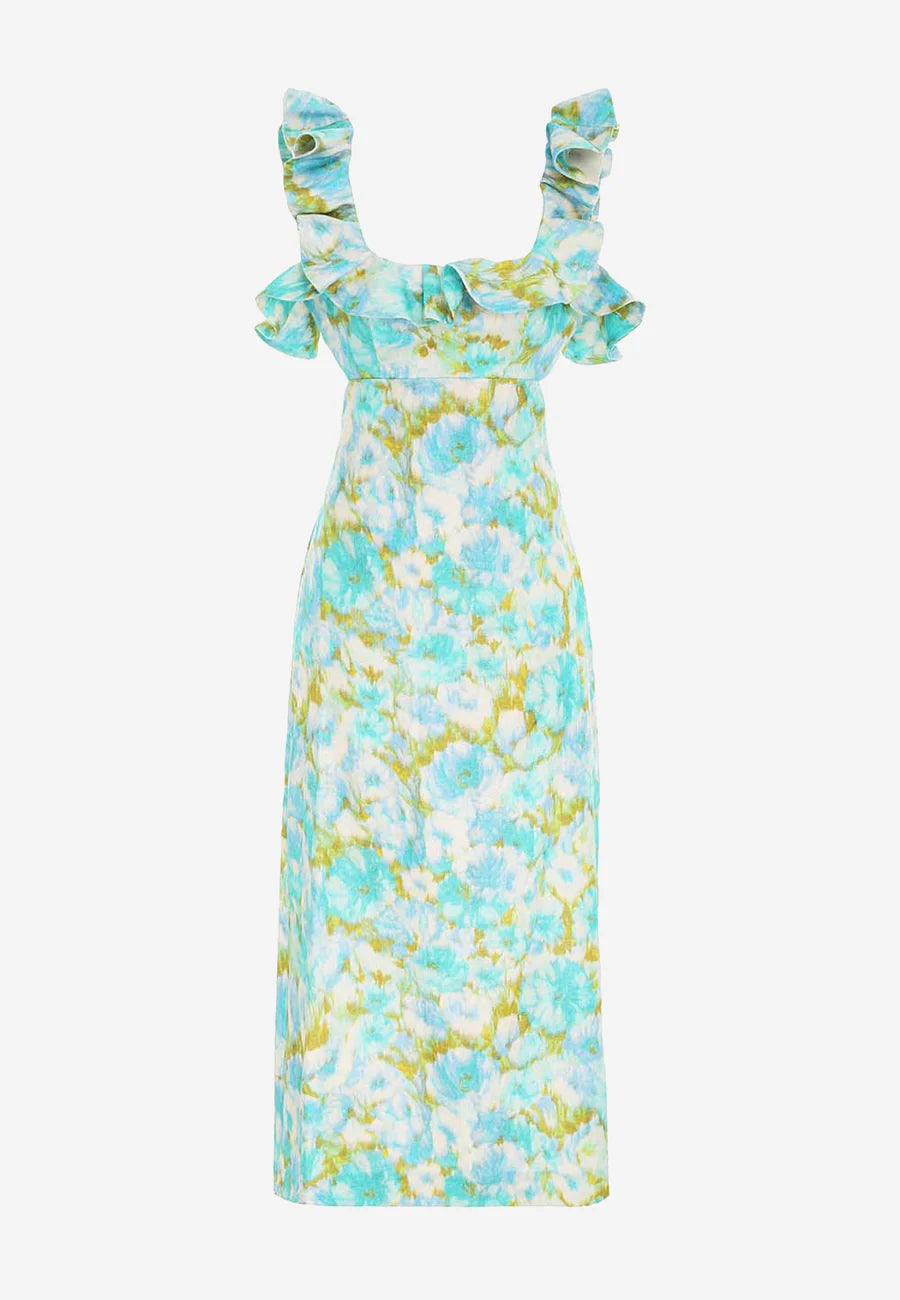 High tide frilled midi aqua ikat floral