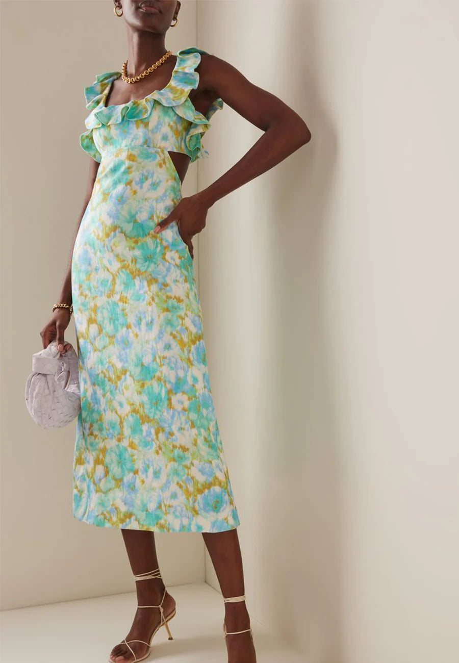 High tide frilled midi aqua ikat floral