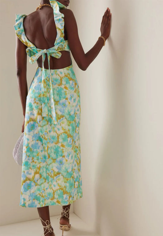 High tide frilled midi aqua ikat floral