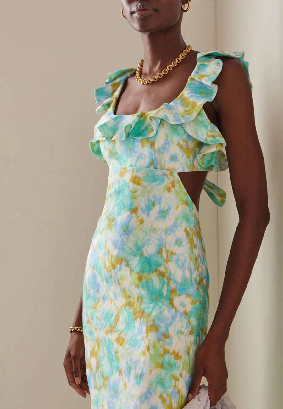 High tide frilled midi aqua ikat floral