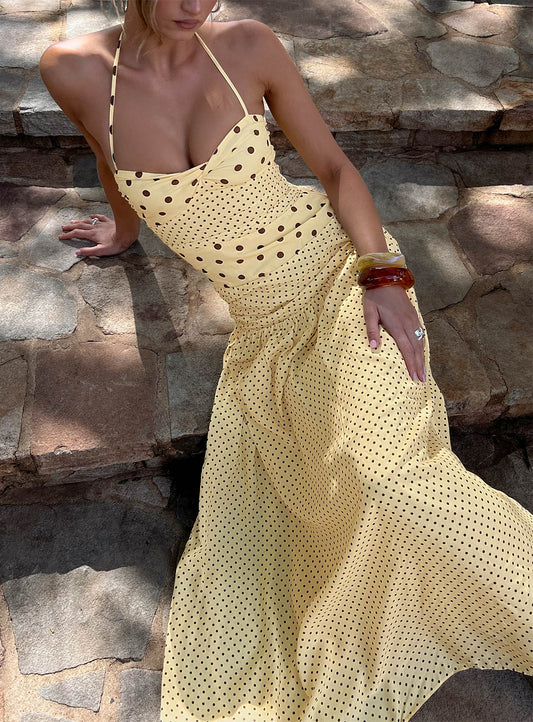 Marguerite Halter Maxi Dress Lemon/Brown Polka Dot