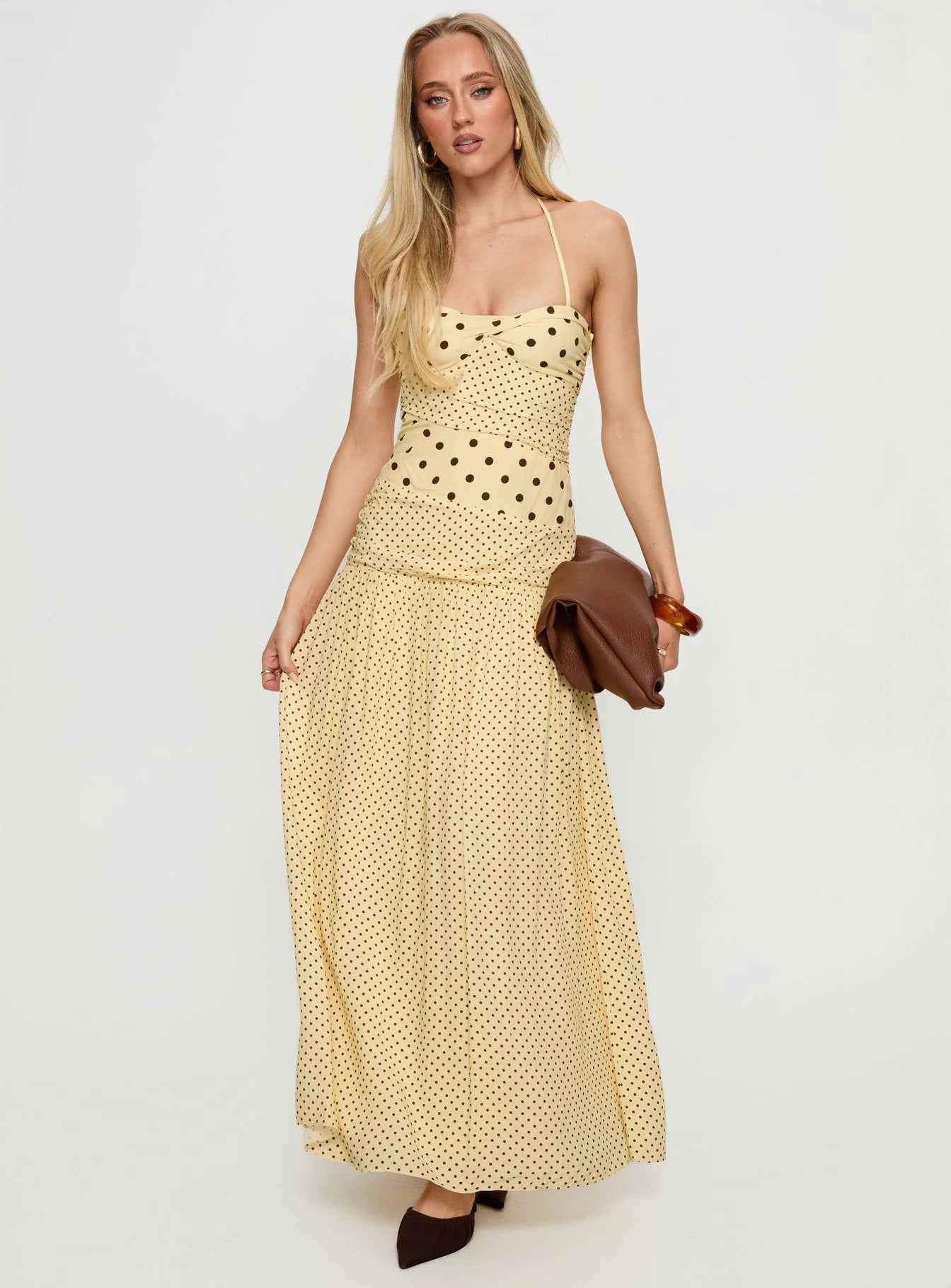Marguerite Halter Maxi Dress Lemon/Brown Polka Dot