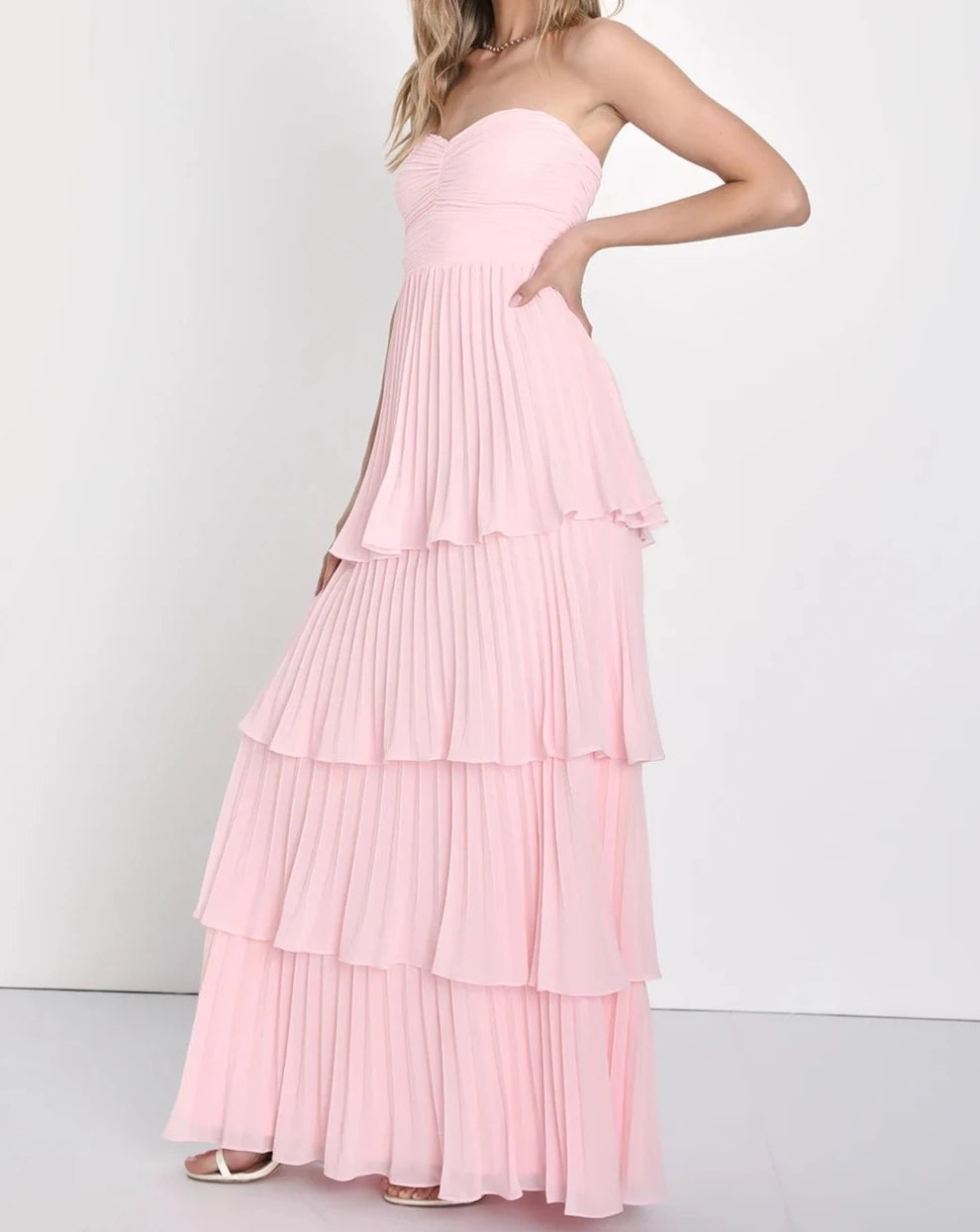 Seriously Sensational light pink strapless tiered maxi dress