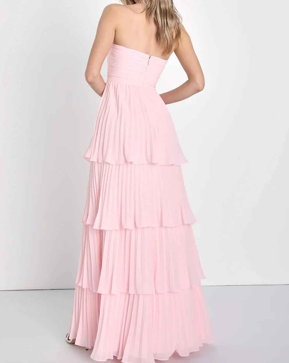 Seriously Sensational light pink strapless tiered maxi dress